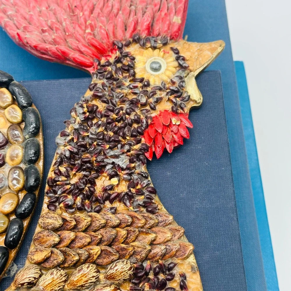 Handmade Vintage Seed‎ Art Rooster Mosaic Folk Art Wall Decor Farmhouse Bird